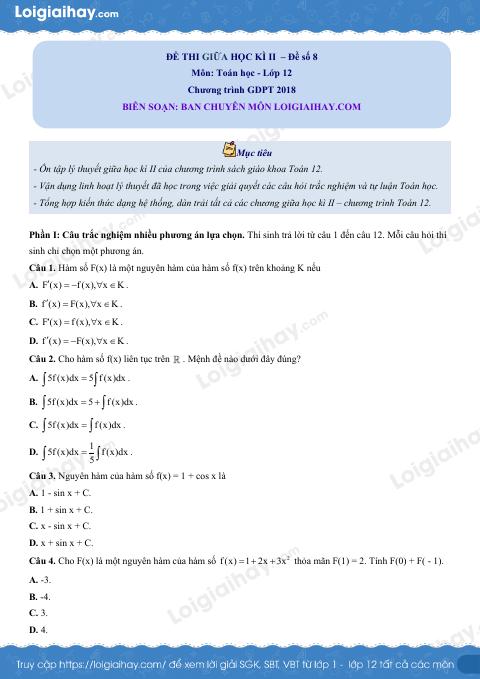 Đề thi giữa kì 2 Toán 12 - Đề số 8
